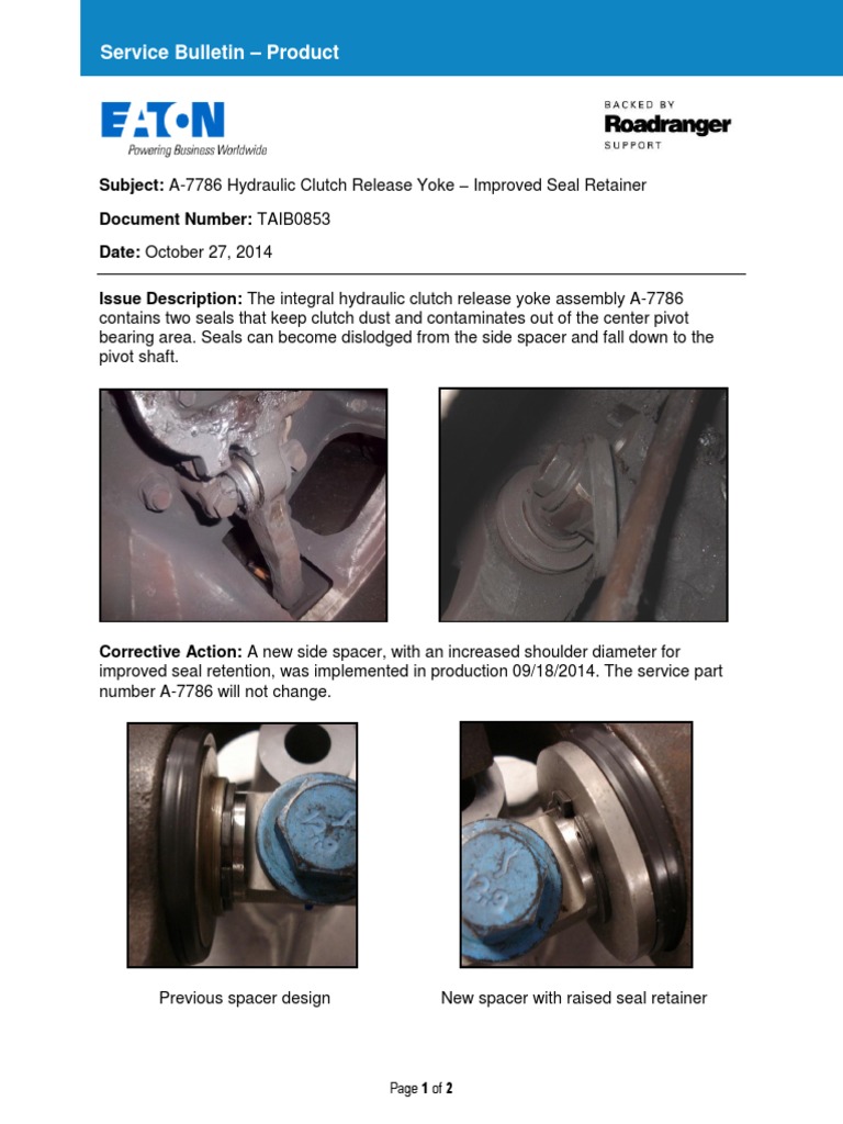 Eaton A 7786 Hydraulic Clutch Release Yoke Improved Seal Retainer Technical Service Bulletin