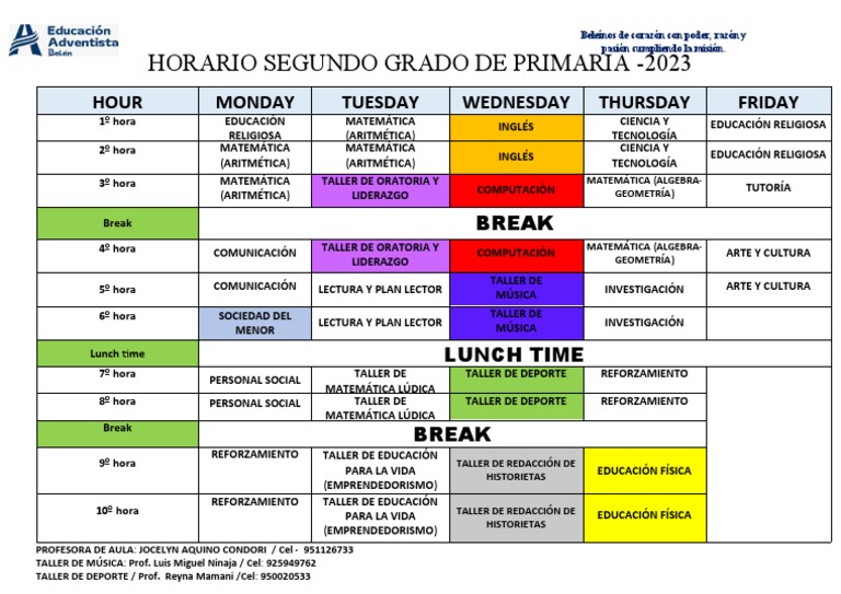 Horario 2023 Segundo Grado Primaria | PDF | Observación | Matemáticas