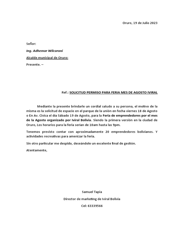 Ejemplo De Como Redactar Una Carta De Solicitud De Espacios ...