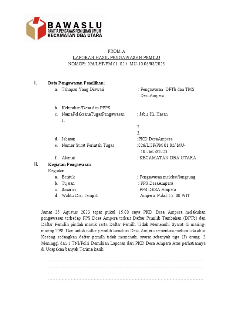 Pengawasan DPTb dan TMS Pemilu Ampera | PDF