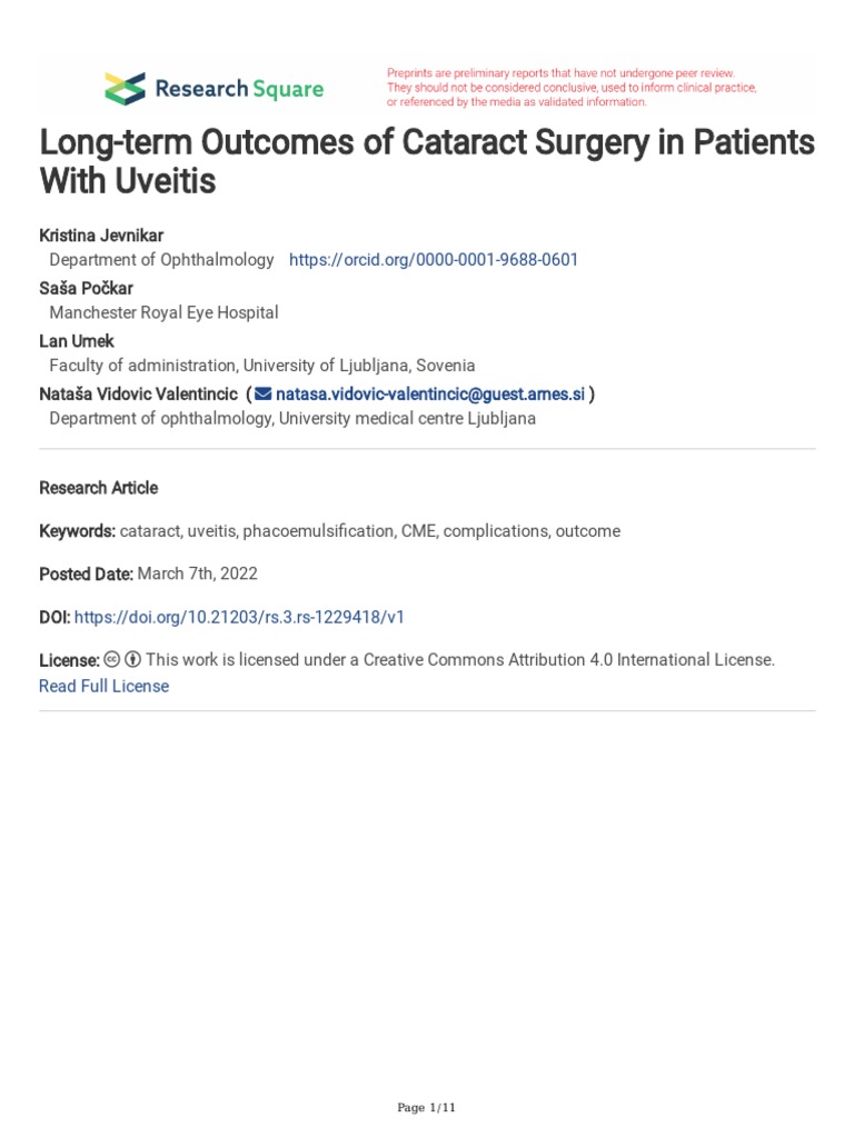 Long-Term Outcomes of Cataract Surgery in Patients | PDF | Surgery ...