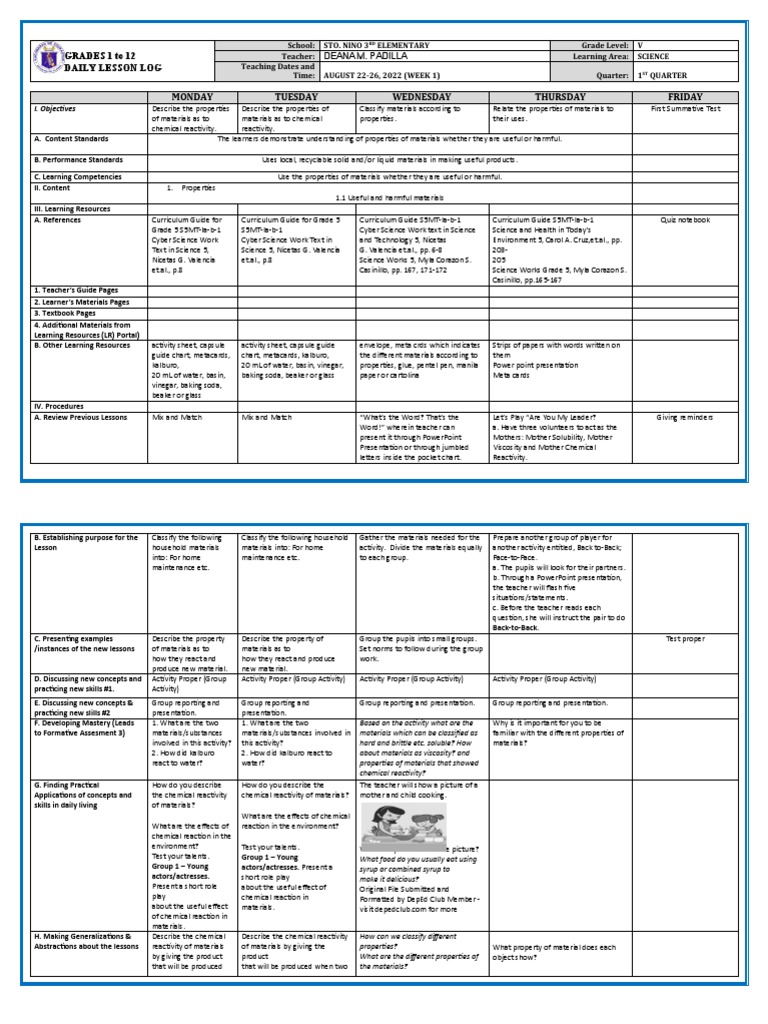 Grade 5 Science Daily Lesson Plan | PDF | Chemical Substances ...
