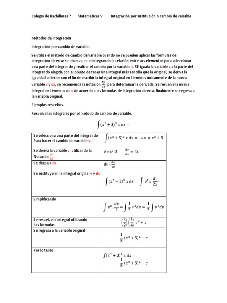 Integración por Cambio de Variable | PDF | Integral | Variable ...