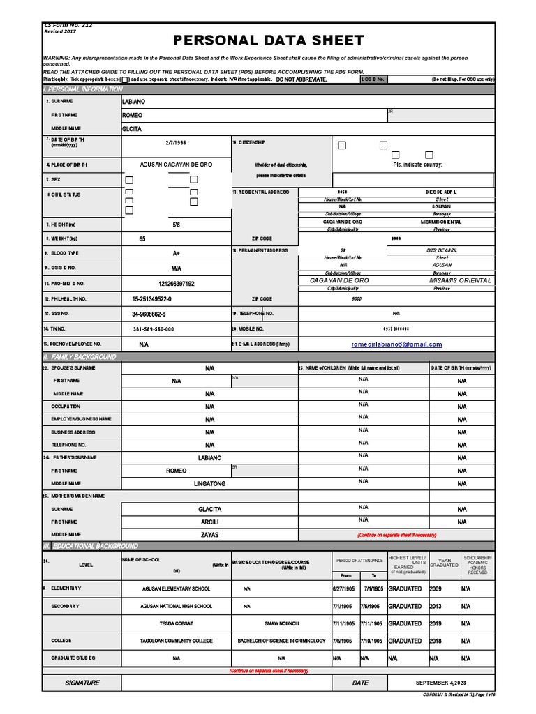 Printable Personal Data Sheet Form | PDF | Justice | Crime & Violence