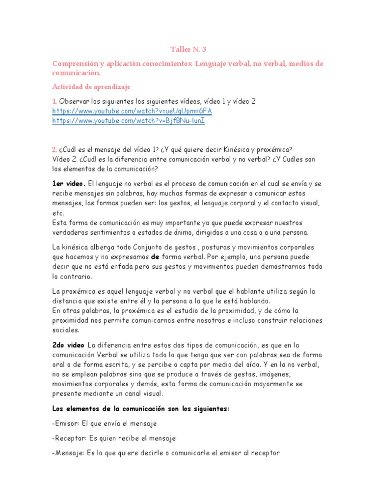 Taller N. 3 Lenguaje Verbal, No Verbal | PDF | Crecimiento personal y ...