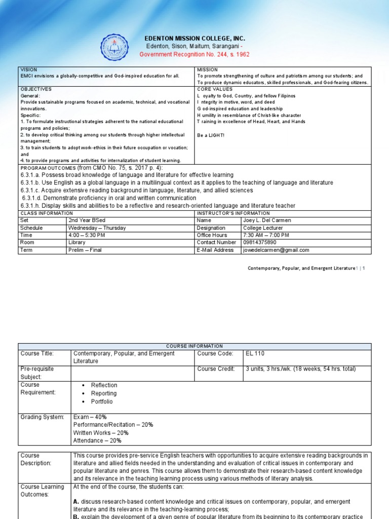 EL 110 Syllabi Template PDF Poetry Genre