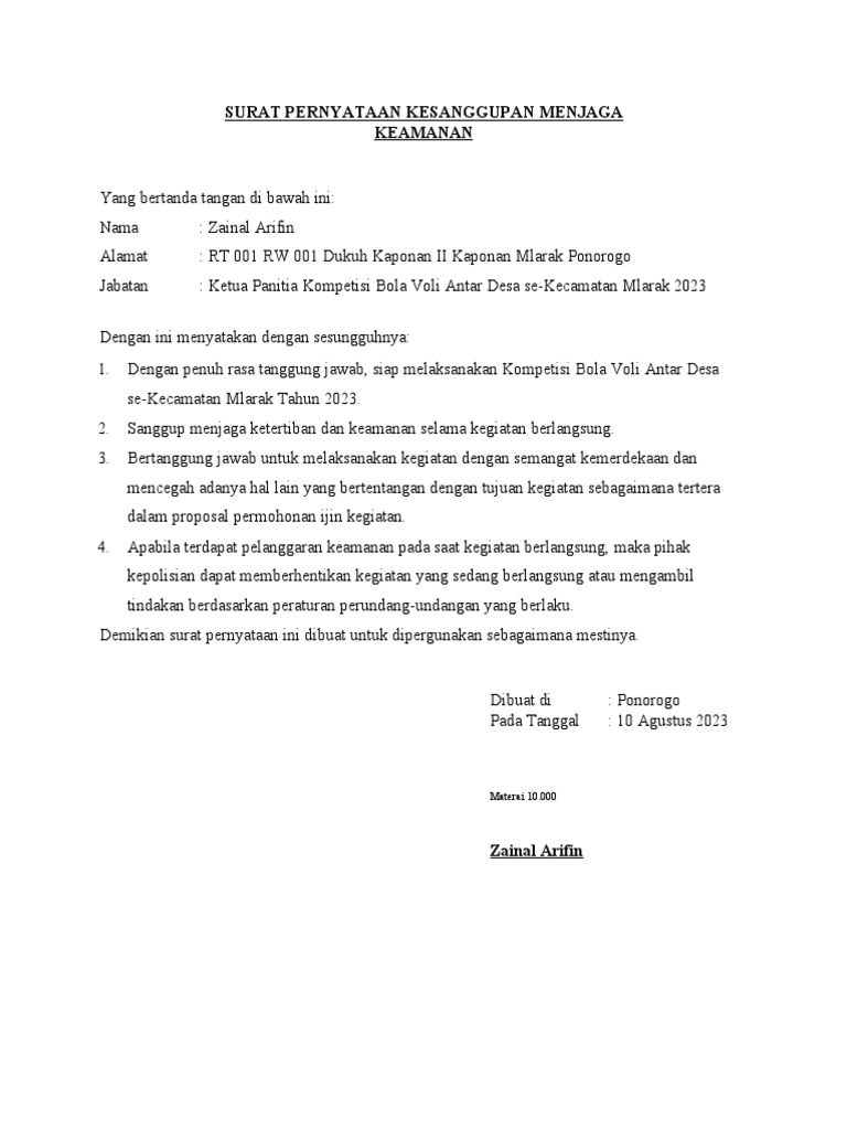 Surat Pernyataan Kesanggupan Menjaga Keamanan | PDF