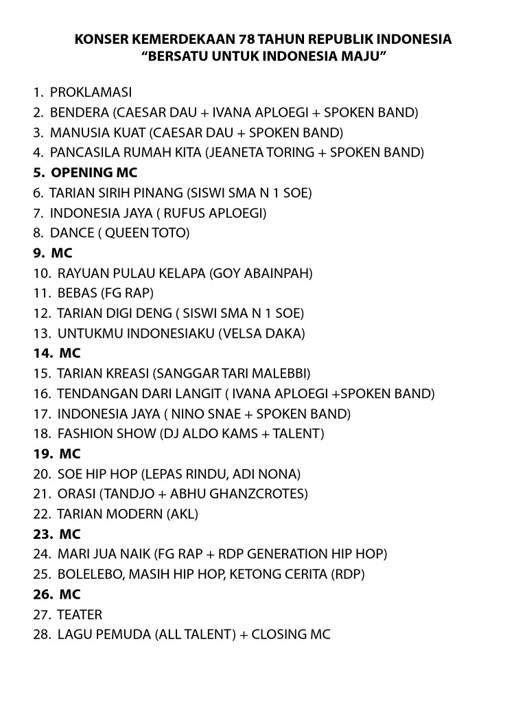 Cue Card MC Konser 78 - Rundown | PDF