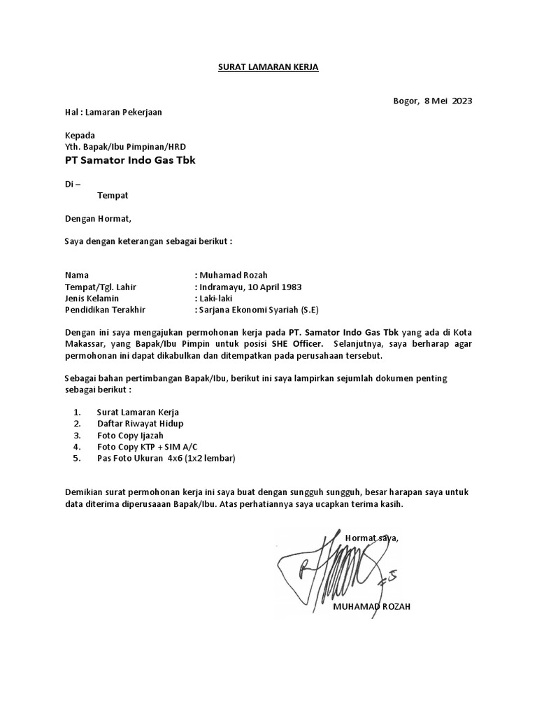 Surat Lamaran Kerja-Pt-Samator Gas Mei-2023 | PDF