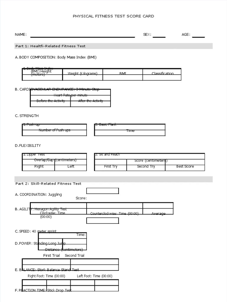 DepEd Physical Fitness Test Score Card | PDF