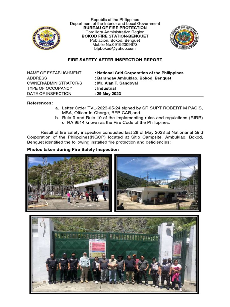 Fire Safety Inspection Report: NGCP Benguet | PDF | Fire Safety ...