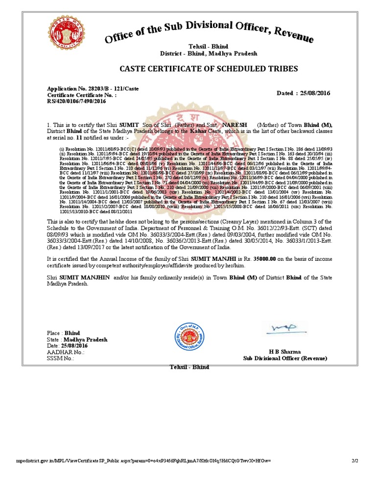 Caste certificate of scheduled tribes pdf politics of india