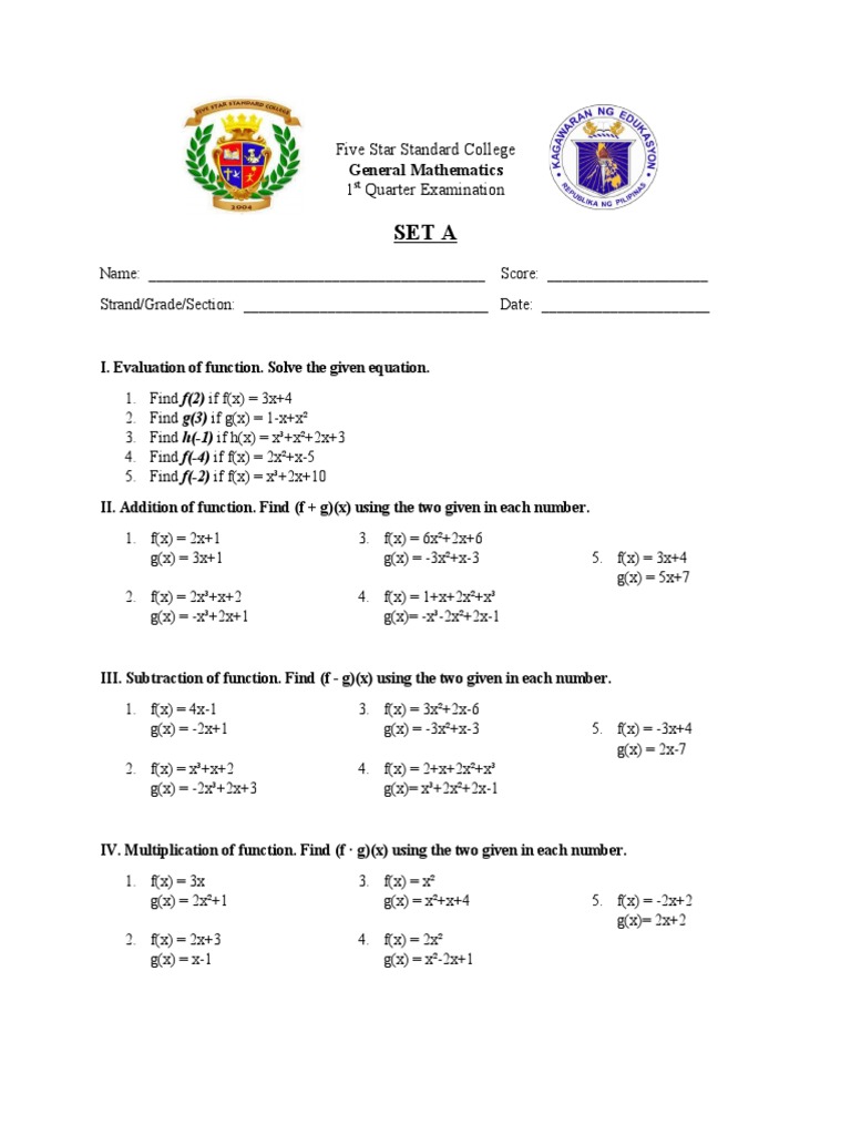 College Math Exam: Functions & Operations | PDF | Teaching Methods ...