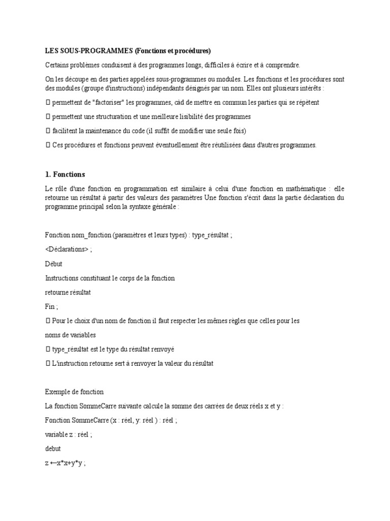 Sous-programmes : Fonctions et Procédures | PDF | Programme ...