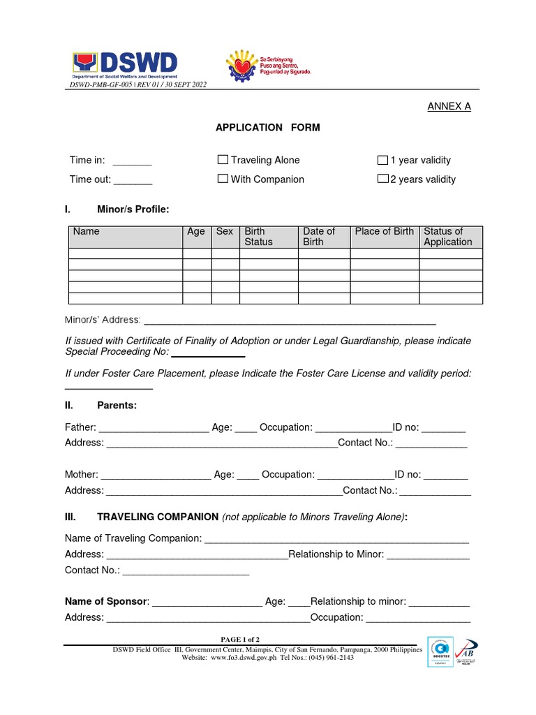 Dswd Pmb Gf 005 Rev 01 Application Form | PDF | Parent | Parenting