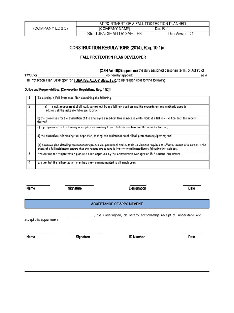 CR 10.1.a Fall Protection Plan Developer TEMPLATE PDF Safety