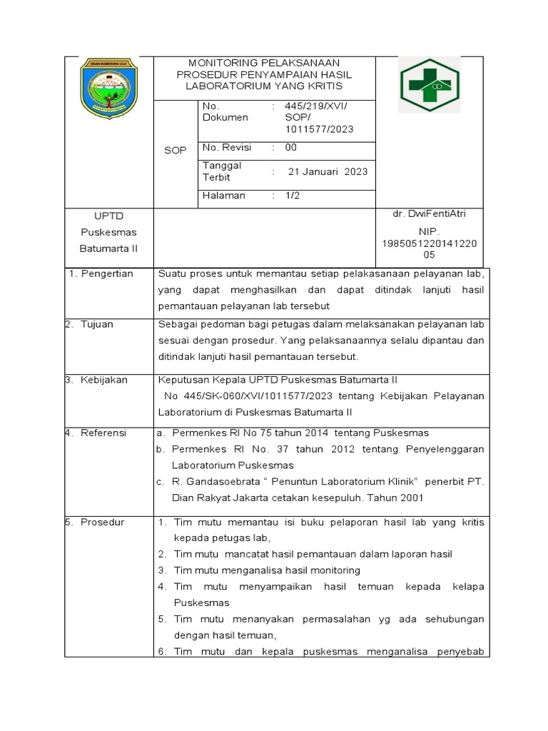 Prosedur Monitoring Hasil Lab Kritis | PDF | Teknologi & Rekayasa