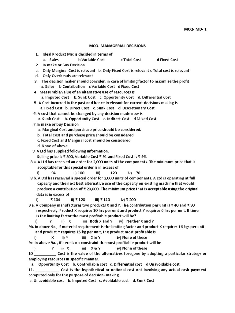 MCQs Download Free PDF Cost Opportunity Cost