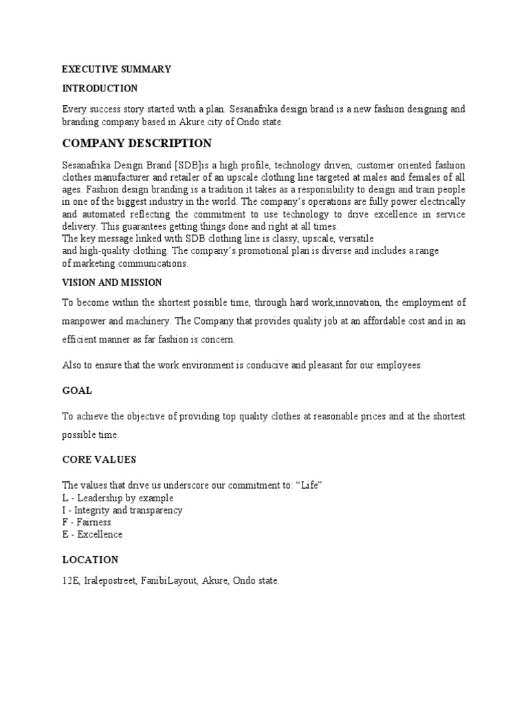 Sdb businesss plan pdf fashion pricing