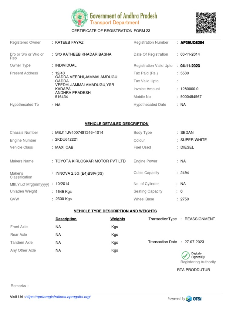 Vehicle Registration Details | PDF