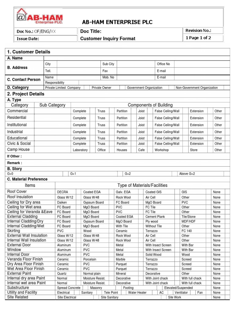 Customer Inquiry Form for AB-HAM Enterprise | PDF