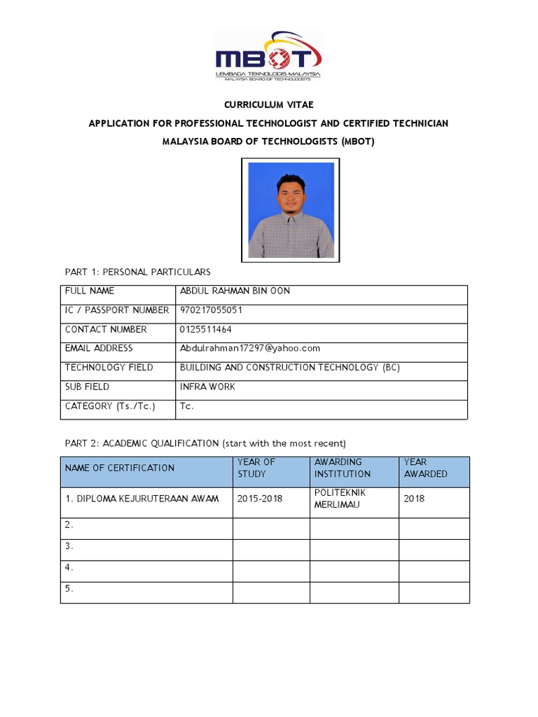 Mbot Professional Curriculum Vitae Sample Pdf