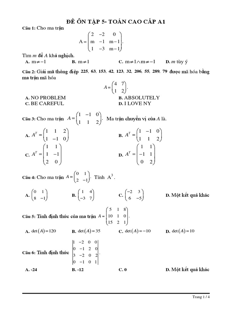 ĐỀ ÔN TẬP 5- TOAN CC A1 | PDF
