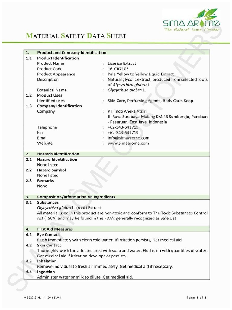MSDS Licorice Extract 16LCR7103 1.0465.V1 PDF