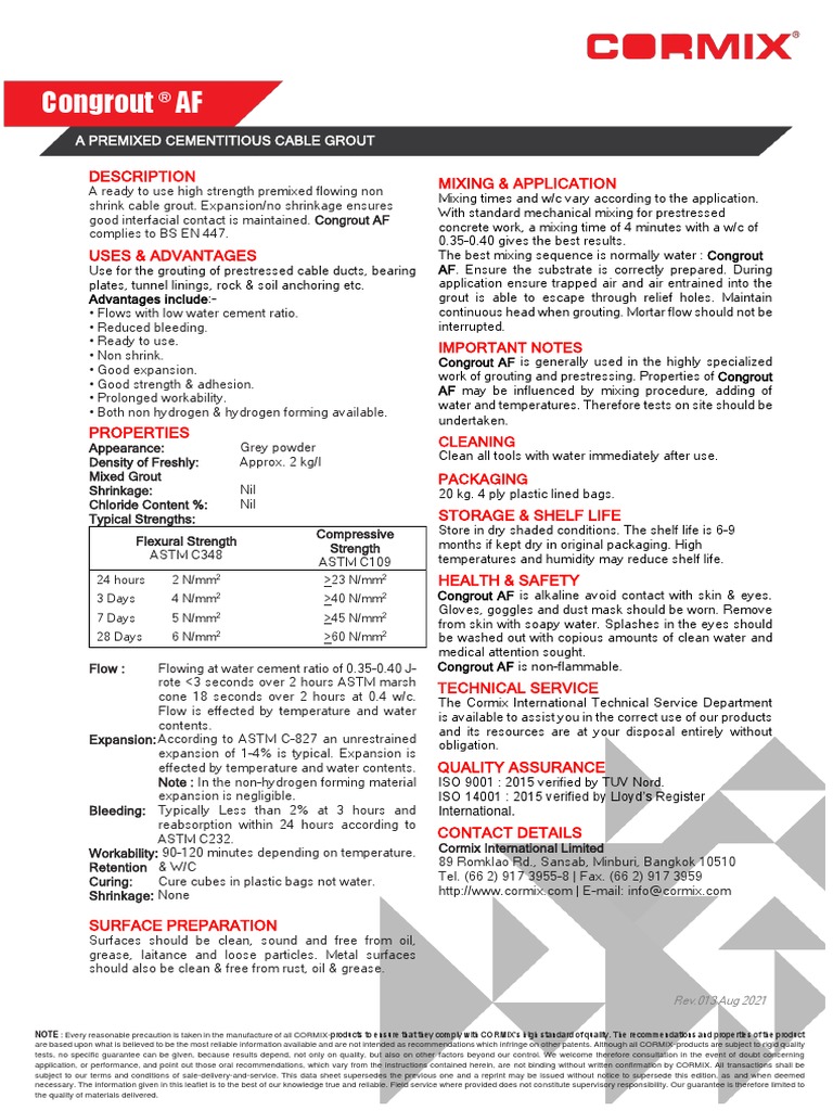 TDS-EN-Congrout AF - Rev 013-Aug 21 | PDF | Cement | Concrete