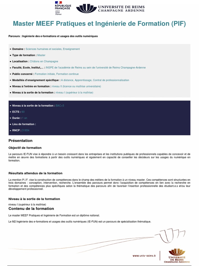 Master MEEF PIF à Distance - Ingénierie de Formation | PDF