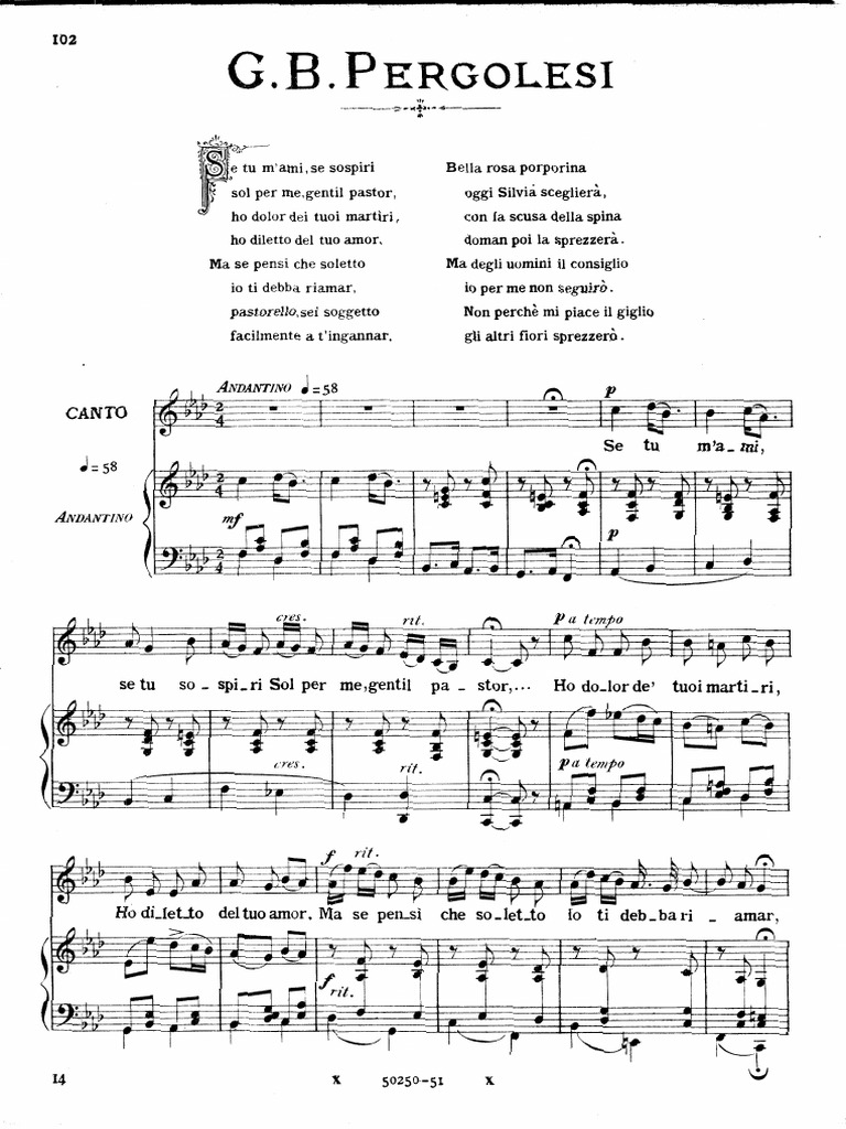 PDF sheet music titled Pergolesi - Se Tu M'ami, showing the score layout for singers or instrumentalists