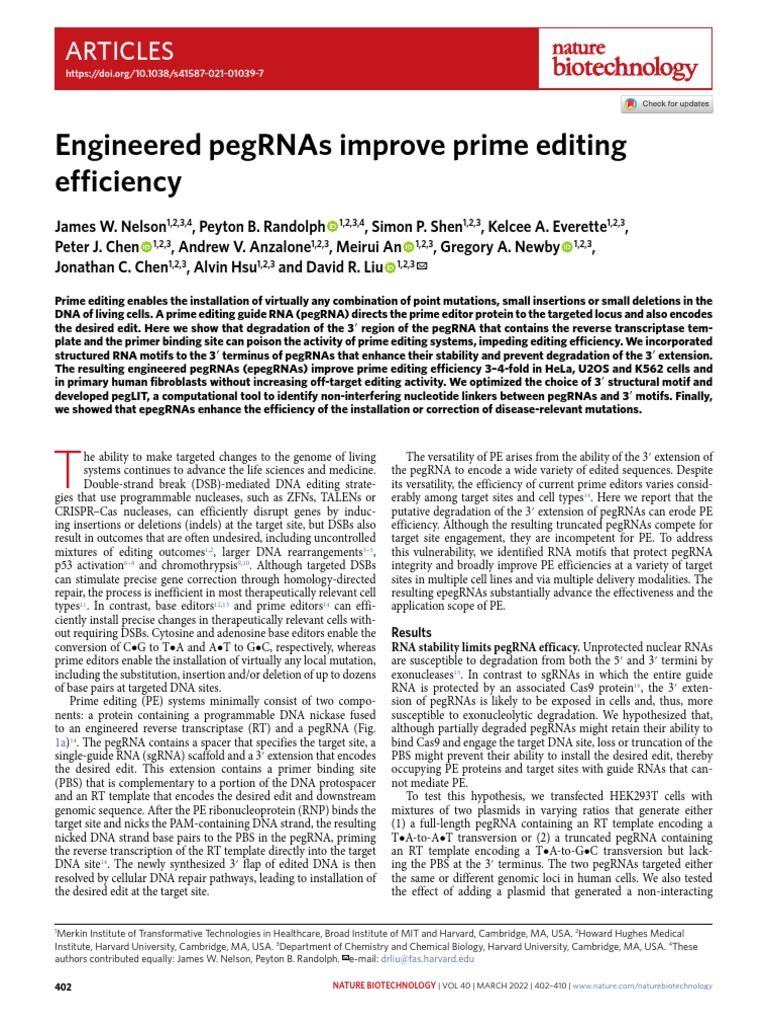 Engineered pegRNAs Improve Prime Editing Efficiency | PDF ...