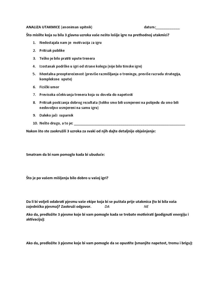 ANALIZA UTAKMICE Upitnik | PDF