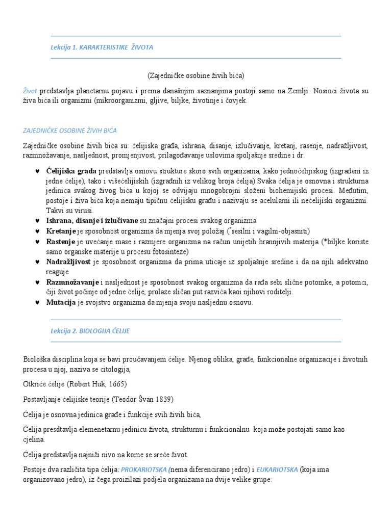 Lekcije Iz Biologije Za Prvi Razred | PDF