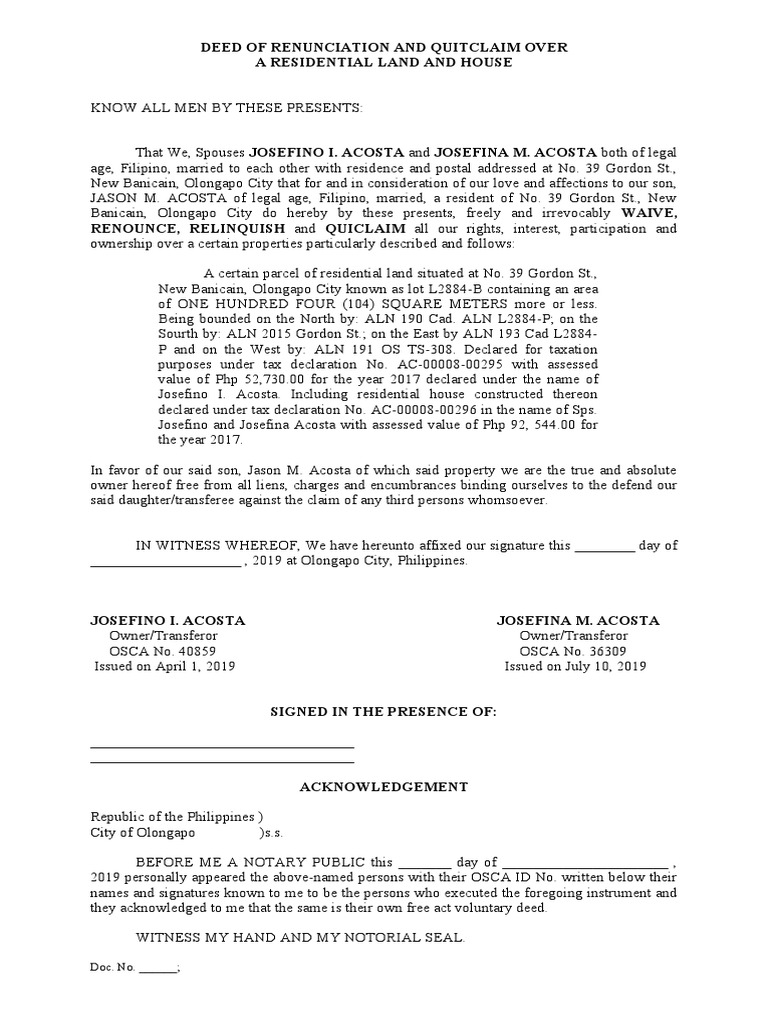 Deed of Renunciation and Quitclaim Over PDF Land Law Taxes