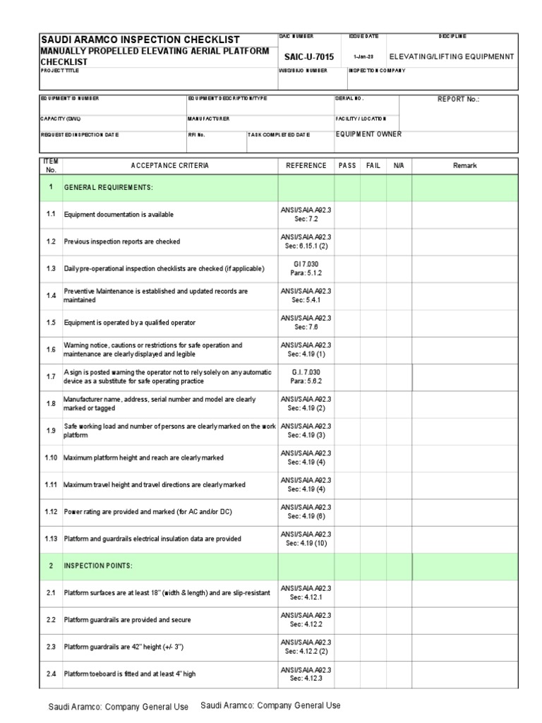 Aerial Platform Inspection Checklist | PDF | Electrical Wiring ...