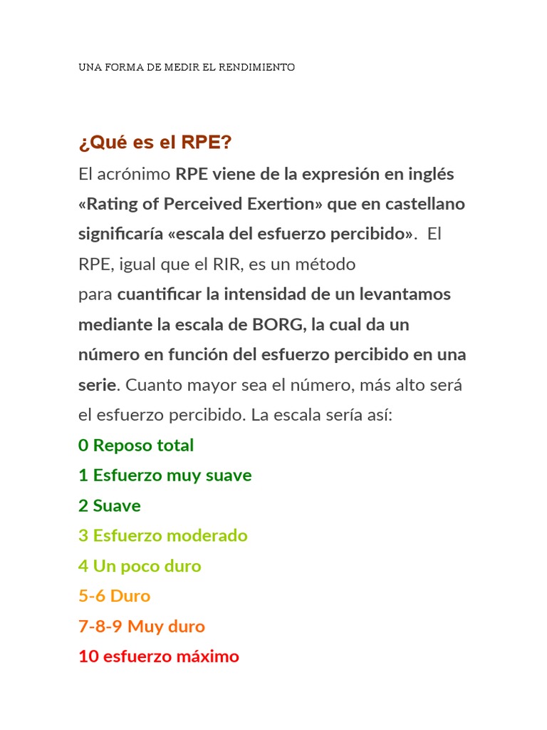 RPE FORMA DE MEDIR EL RENDIMIENTO en Base A RIR | PDF