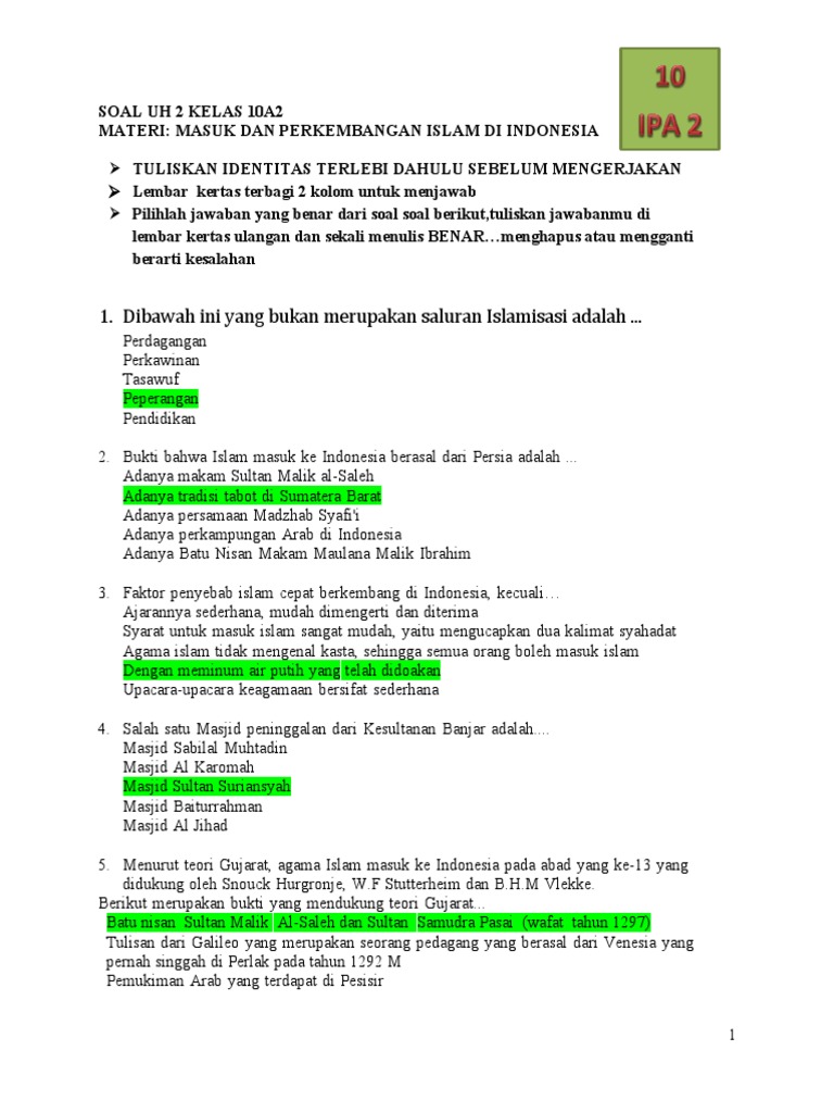 Soal Uh 2 Kelas 10a2 Perkembangan Islam | PDF