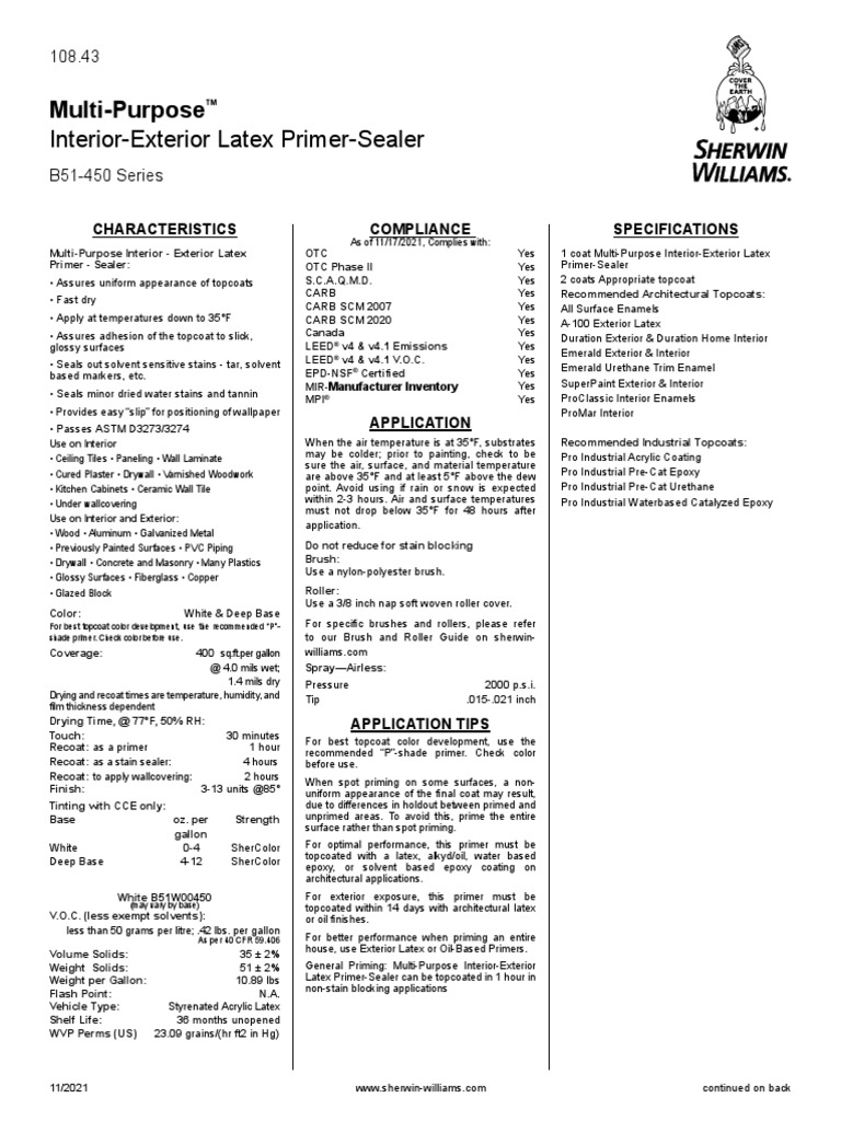 MultiPurpose Interior and Exterior Primer Sealer SW PDF Paint