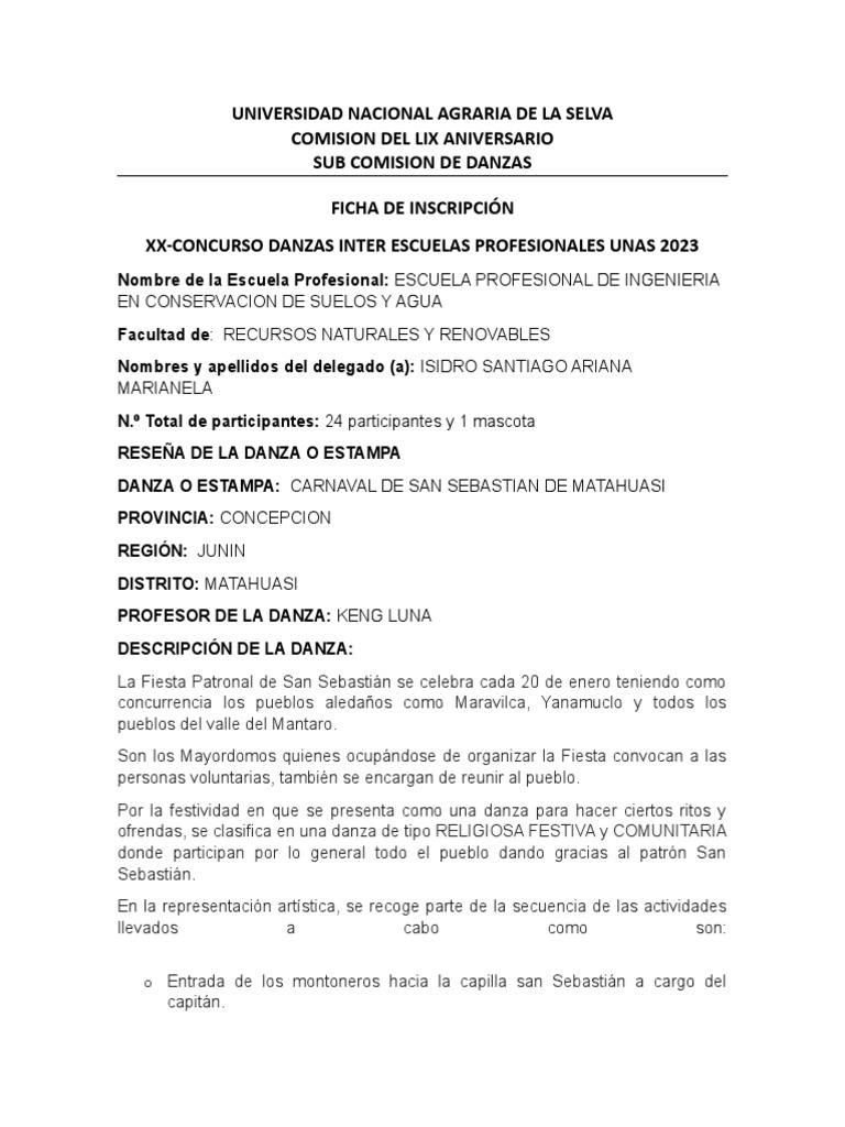 Ficha de Inscripcion de Danzas | PDF
