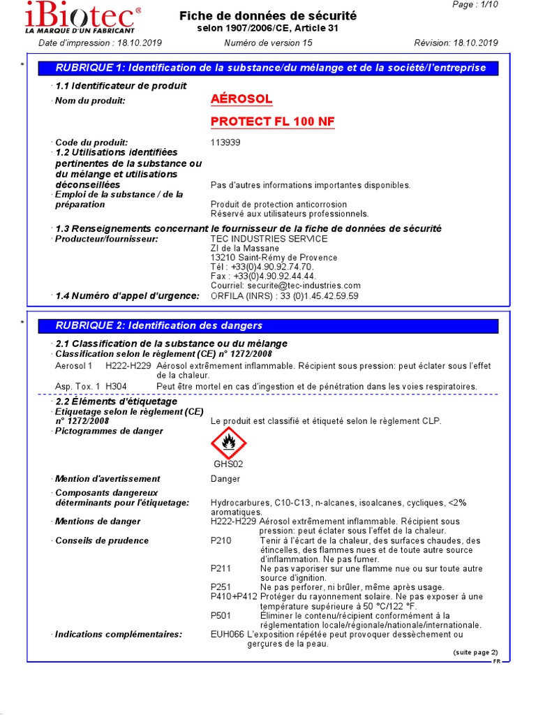 Fds 113939 Ibiotec Aerosol Protect FL 100 NF (F) v15 Le 18.10.2019 | PDF