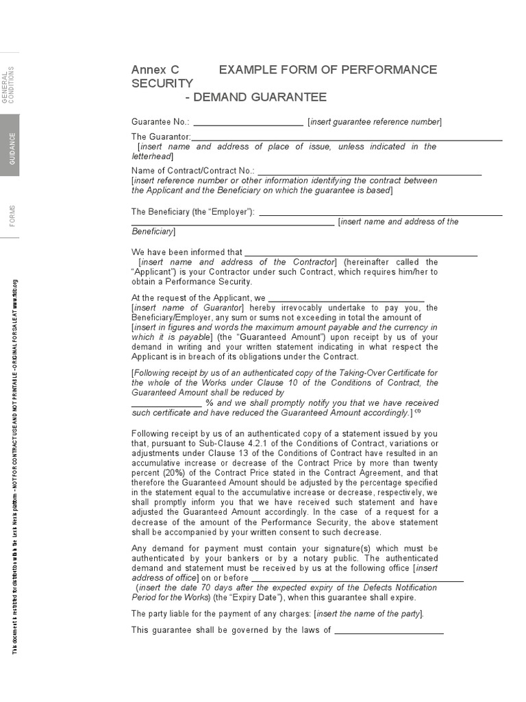 Annex C Example Form of Performance Security - Demand Guarantee | PDF ...