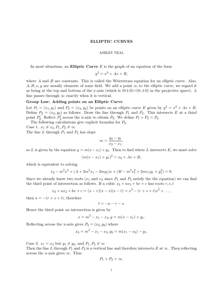 Elliptic Curves Group Law PDF Ellipse Algebra