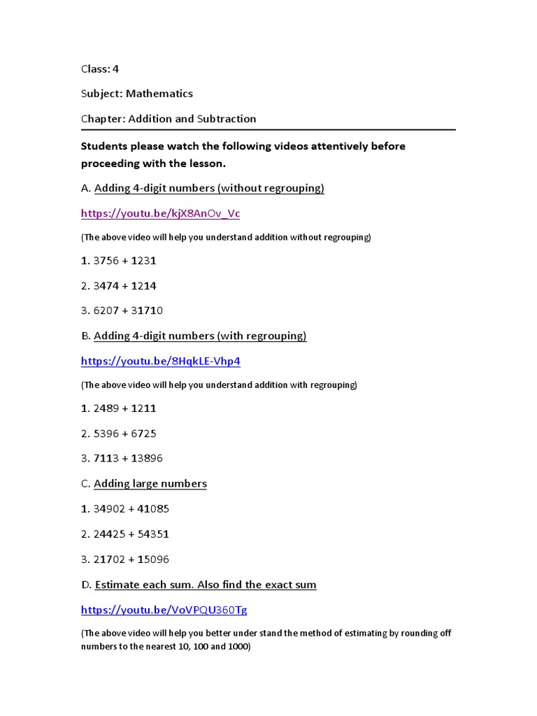 4th Grade Math: Addition & Subtraction | PDF | Subtraction | Mathematics