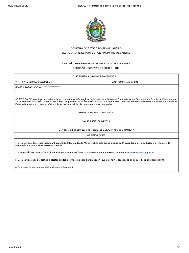 Certidão de Regularidade Fiscal SEF-RJ | PDF