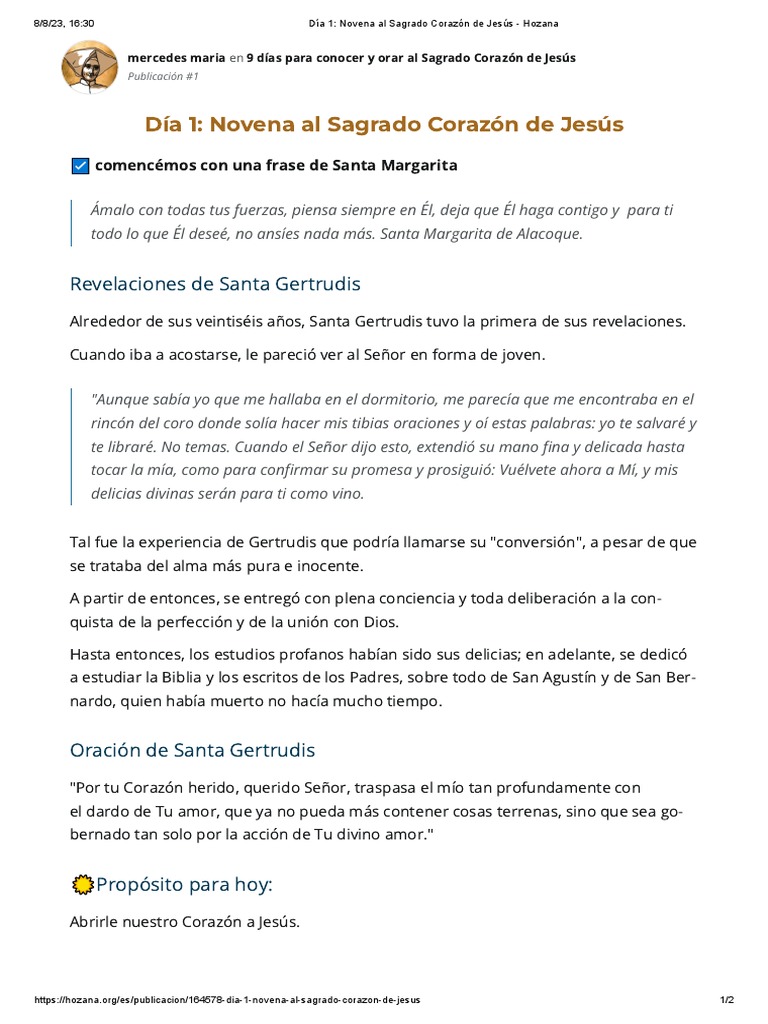 Día 1 - Novena Al Sagrado Corazón de Jesús - Hozana | PDF