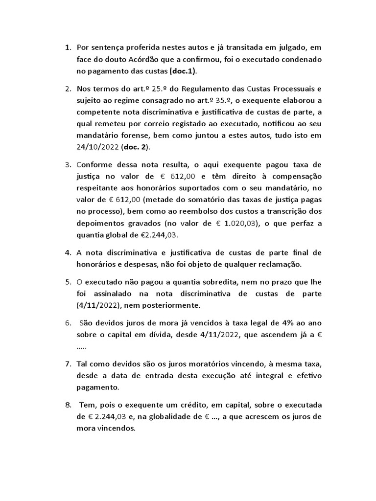 Minuta Execução Custas de Parte | PDF | Finanças e Administração de ...