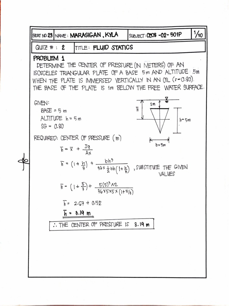 Hydraulics Quiz On Fluid Statics PDF