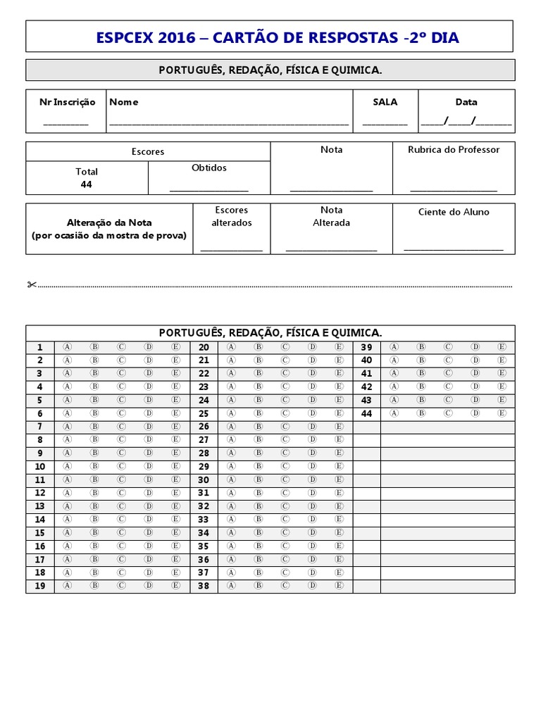 Cartão de Respostas ESPCEX | PDF