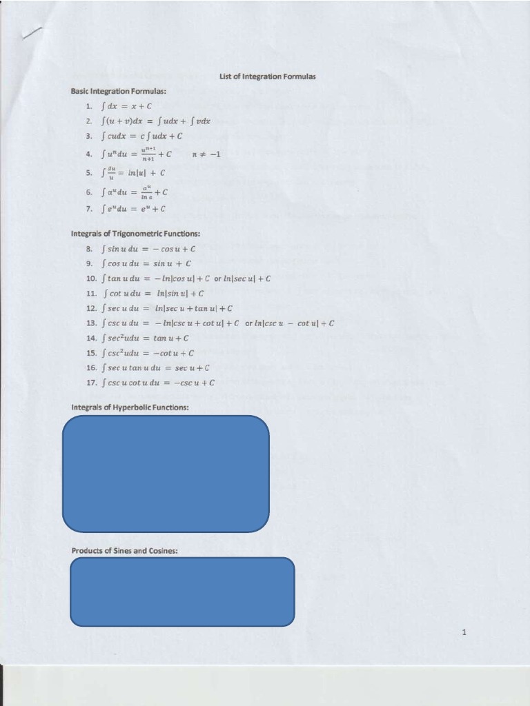 Integration formulas needed for midterms pdf